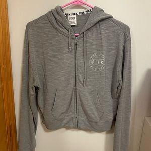 PINK VICTORIAS SECRET ZIP HOODIE IN GREY (CROPPED)